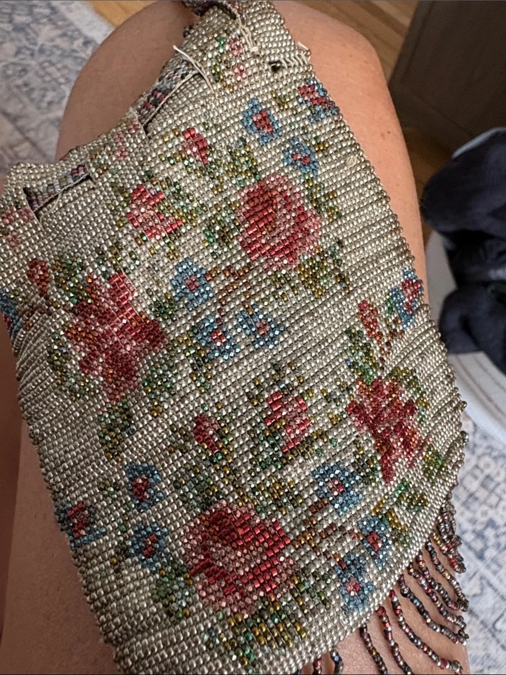 Vintage STUNNING Beaded Floral Wristlet - Red Floral on Cream
